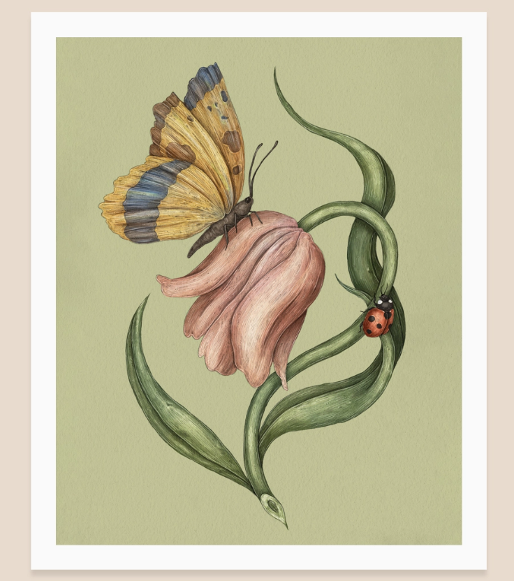 Moth, Ladybug, and Tulip Print