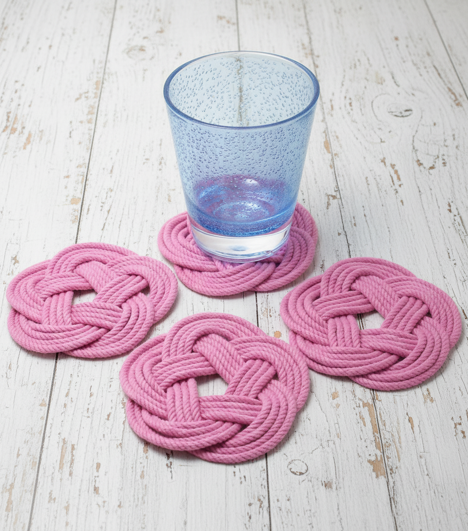 Pink braided coasters with a blue glass on a white background
