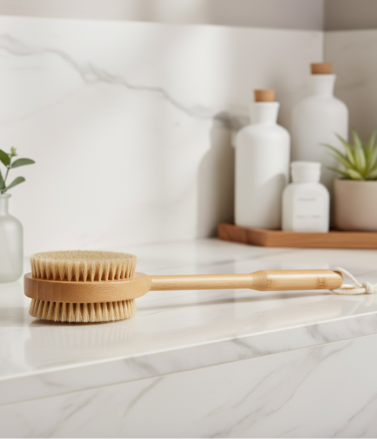 Bamboo bath brush on a marble countertop with decorative vases and plants in the background.