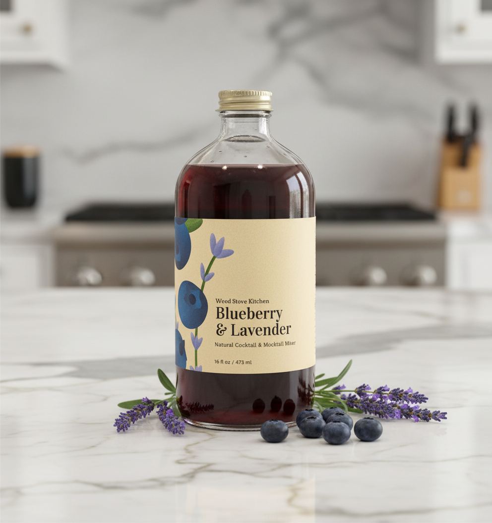A bottle of Blueberry & Lavender Mixer with a label showing the product name and an illustration of blueberries and lavender.