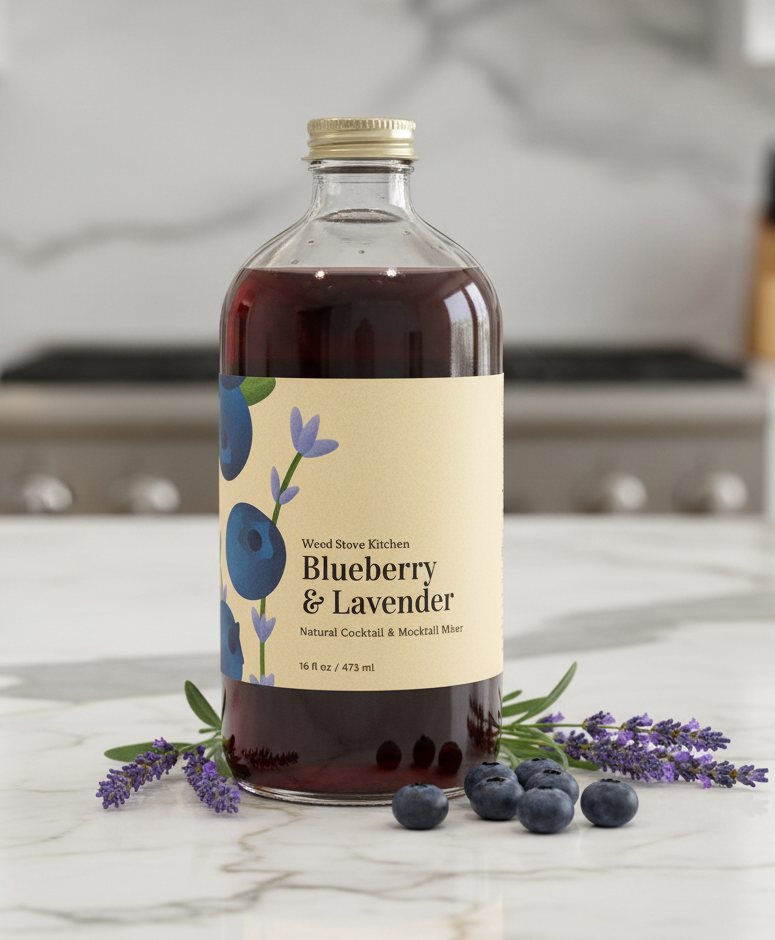 A bottle of Blueberry & Lavender Mixer with a label showing the product name and an illustration of blueberries and lavender.