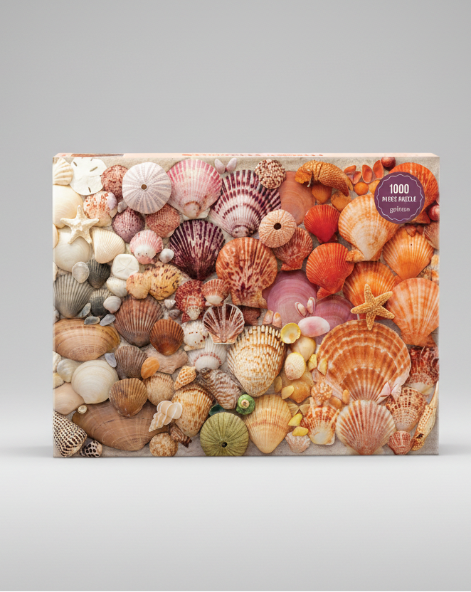 Jigsaw puzzle box with colorful seashells design on a white background