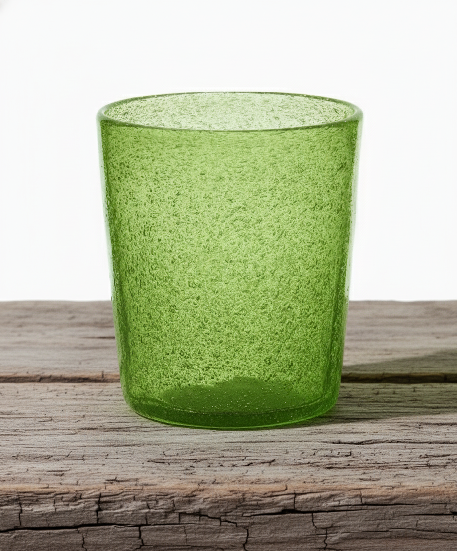 Green textured glass cup on a white background