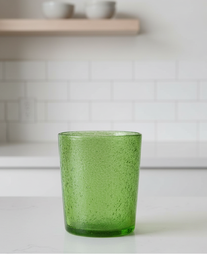 Green textured glass cup on a white background
