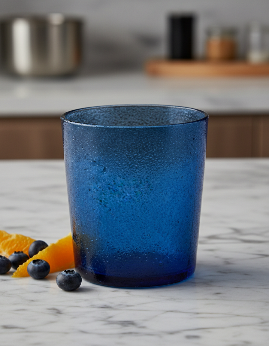 Blue glass tumbler on a light gray background