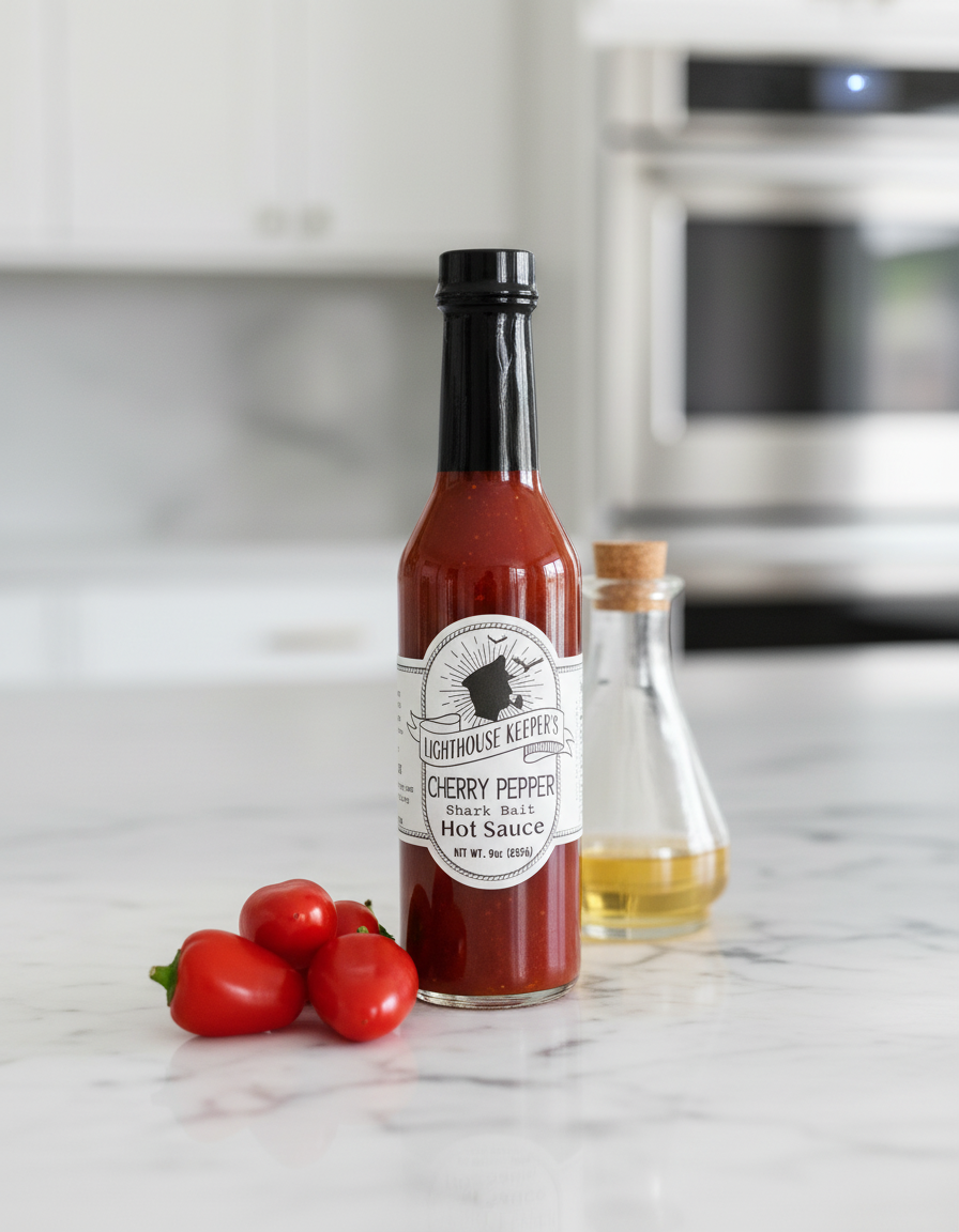 Bottle of Lighthouse Keeper's Cherry Pepper Shark Bait Hot Sauce on a white background