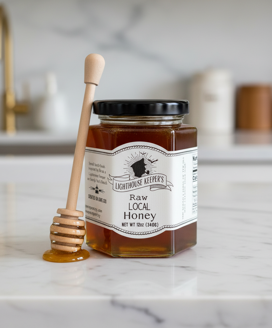 Jar of Lighthouse Keeper's Raw Local Honey on a white background