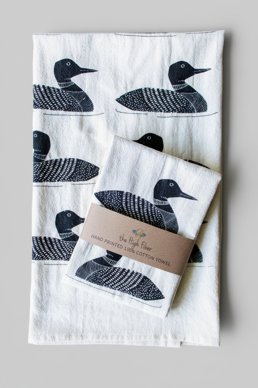 Tea towels with loon bird designs on a wooden surface