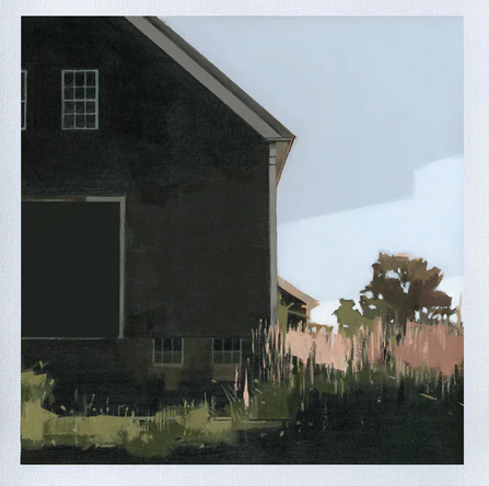 Painting of a house with trees and grass