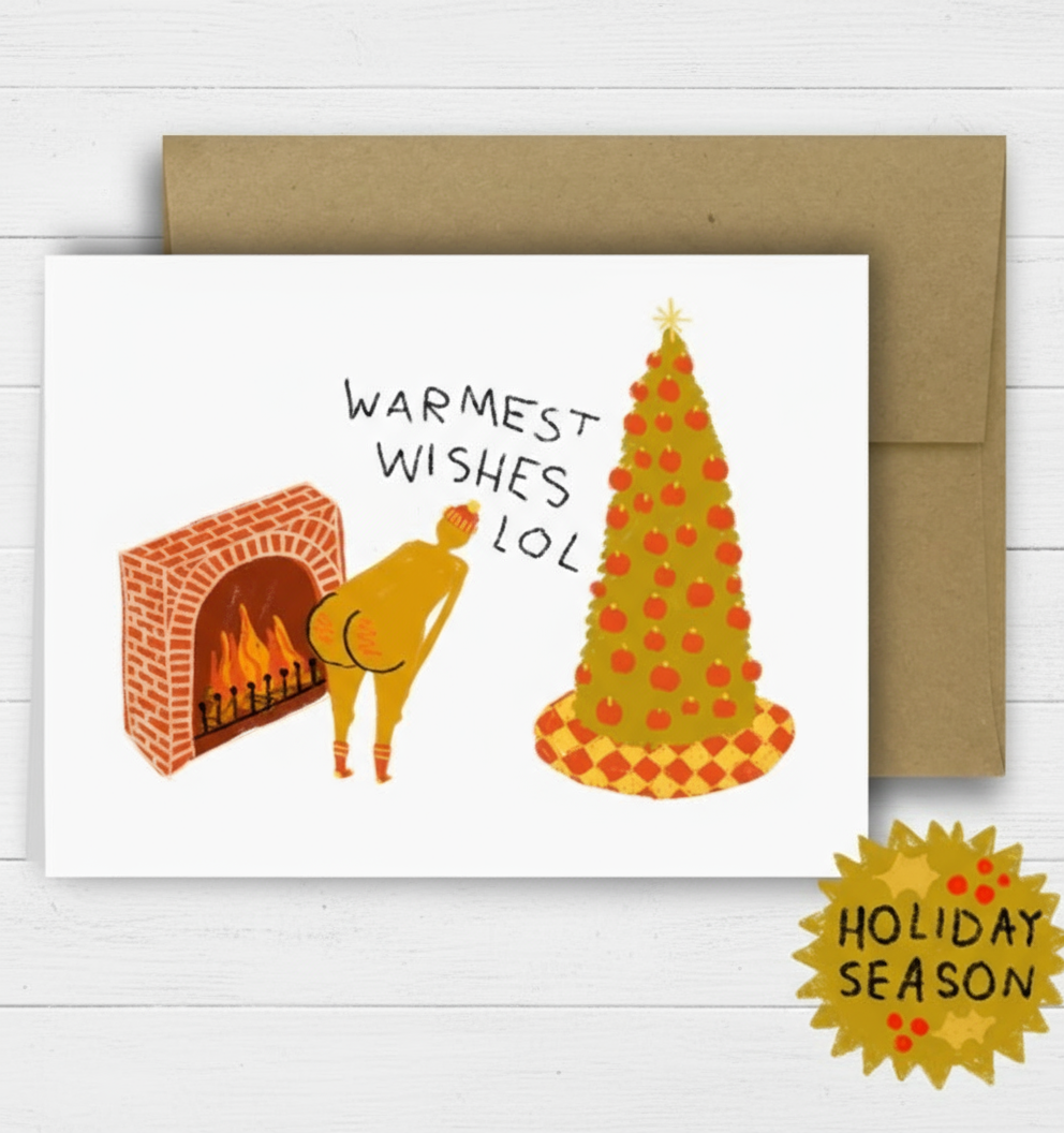 Holiday card with illustration of a person by a fireplace and a Christmas tree, with 'Warmest Wishes LOL' text, on a checkered background.