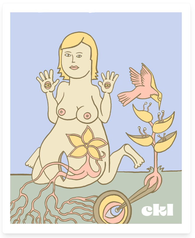 Illustration of a nude figure with floral elements and a bird, featuring the brand 'ekl'.