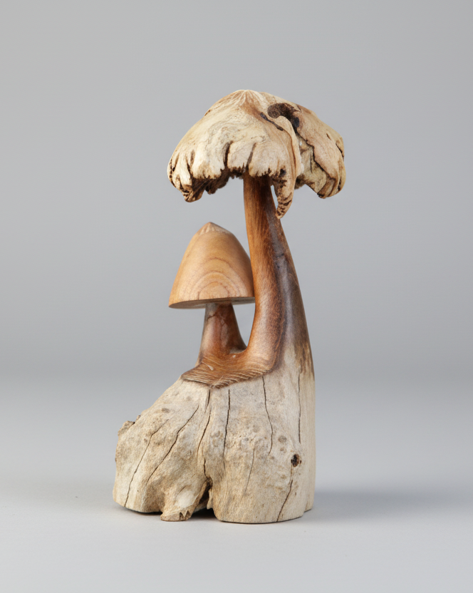 Close-up of a unique mushroom with a double-layered cap on soil with blurred yellow flowers in the background.