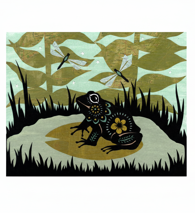 Frog on a lily pad with dragonflies and leaves in the background