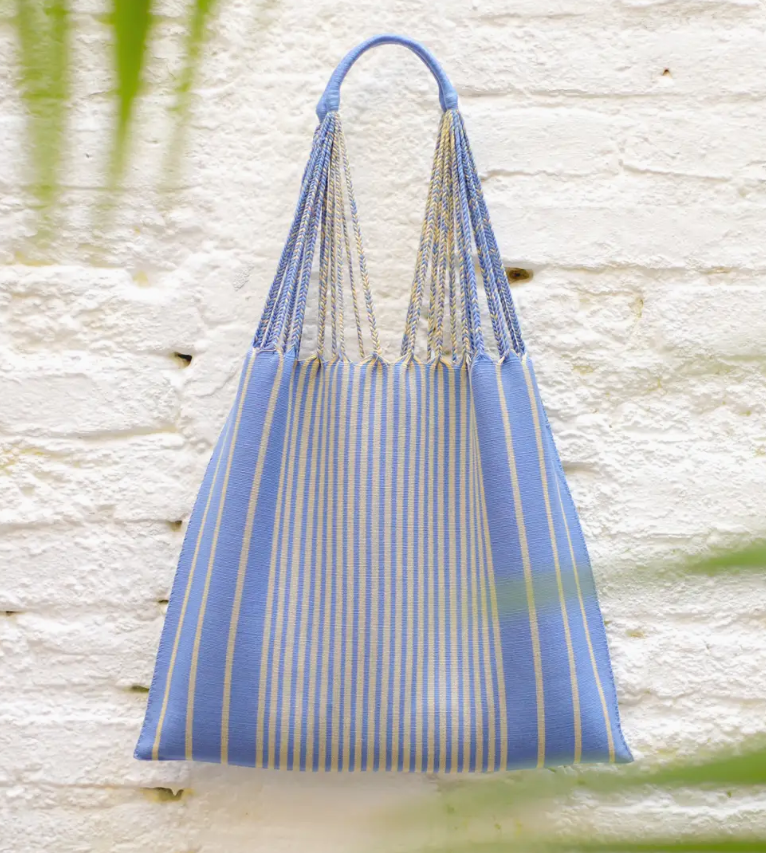 blue and yellow striped hand woven tote
