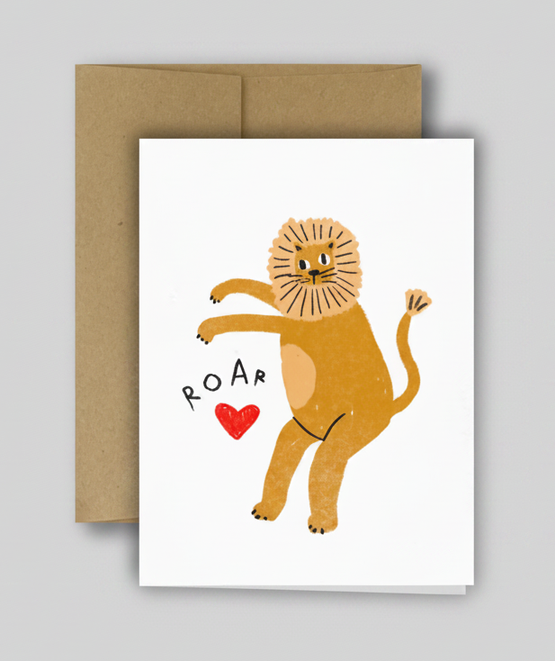 Card with a lion illustration and 'ROAR' text on a checkered background