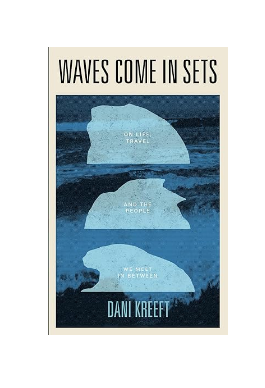 Book cover with text 'Waves Come in Sets' and author name on a blue wave background