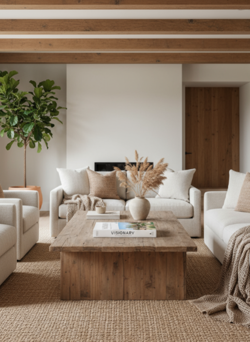 sample interior page featuring Cozy living room with neutral tones, wooden coffee table, and white sofas.
