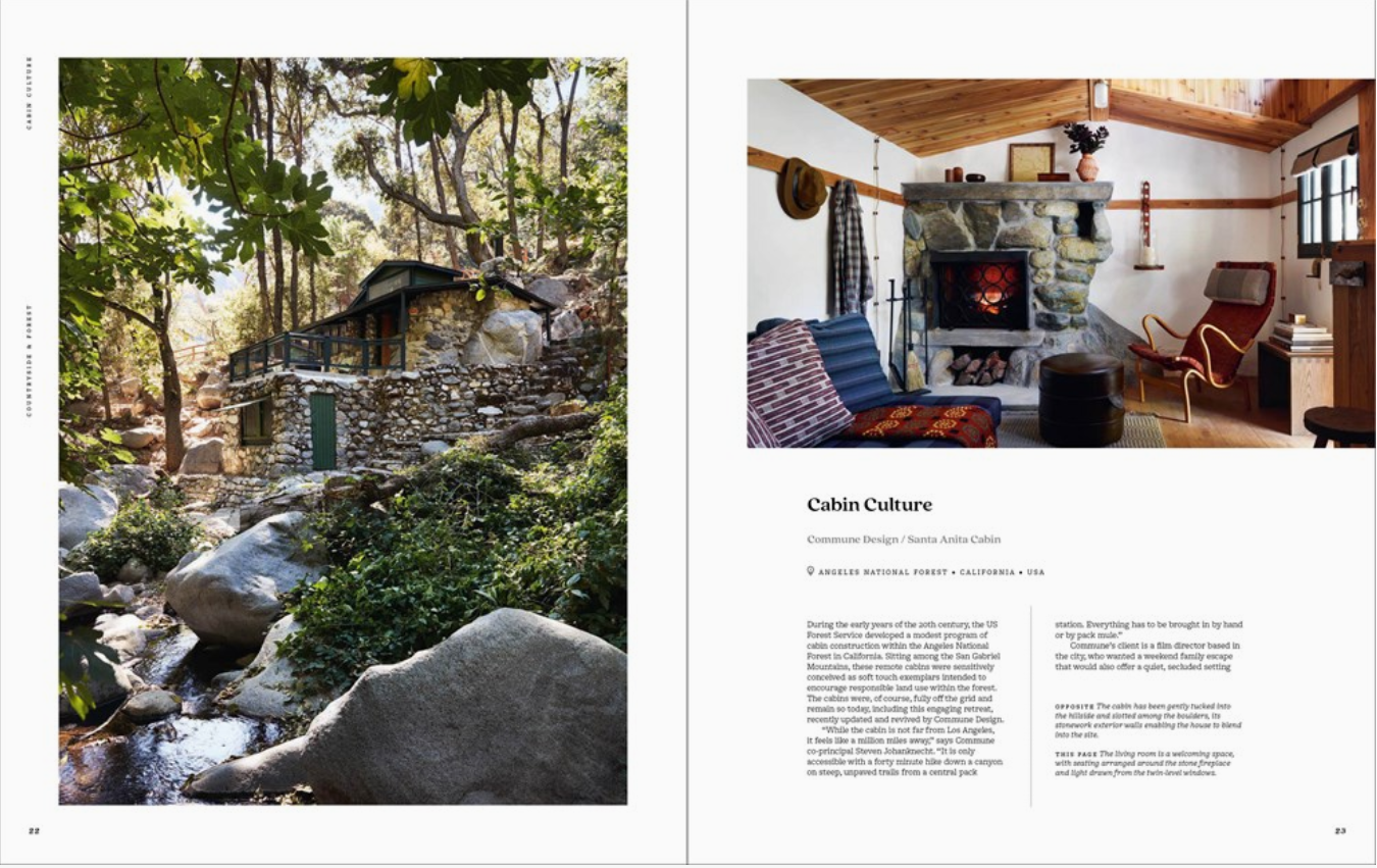 Page from a book or magazine featuring a stone cabin in nature and an interior design layout.