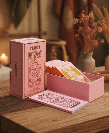 Pink Tarot Card deck in a rustic boho setting.