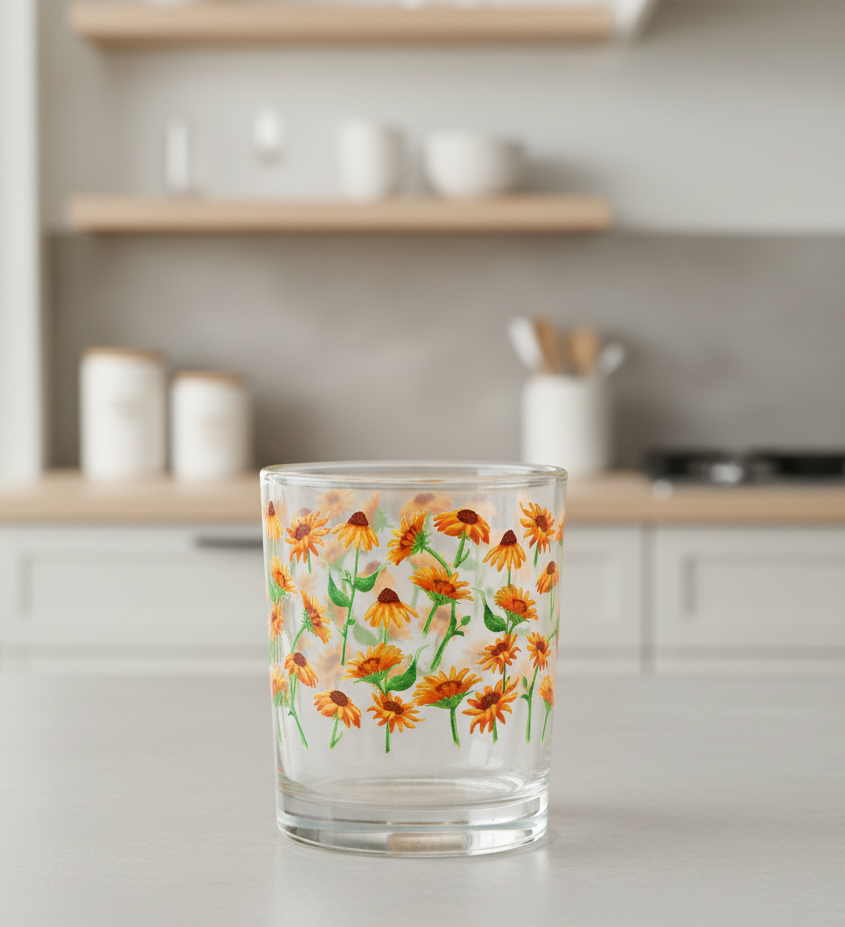 Clear glass tumbler with orange floral design on a white background