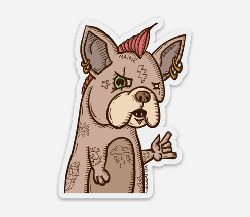 Scrappy Punk loving pup sticker. Illustrated by Christopher Larochelle for Minka
