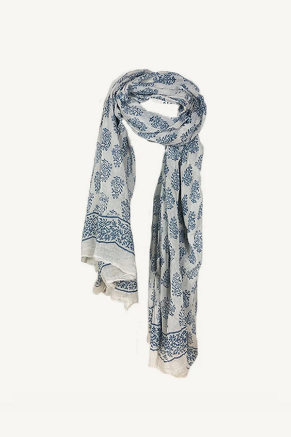 Block printed blue and white summer scarf