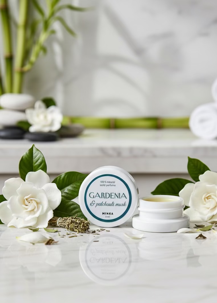 Two small containers labeled 'Gardenia & patchouli mask' on a reflective surface with a gray background.