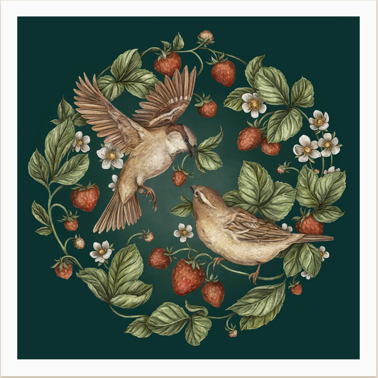 Strawberry Sparrows Print