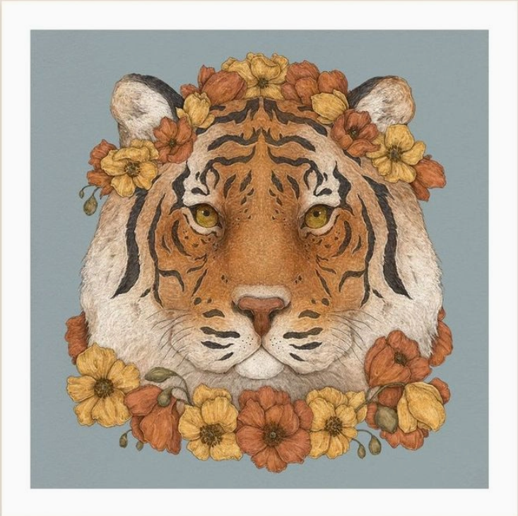 Illustration of a tiger's face surrounded by autumn flowers on a light blue background