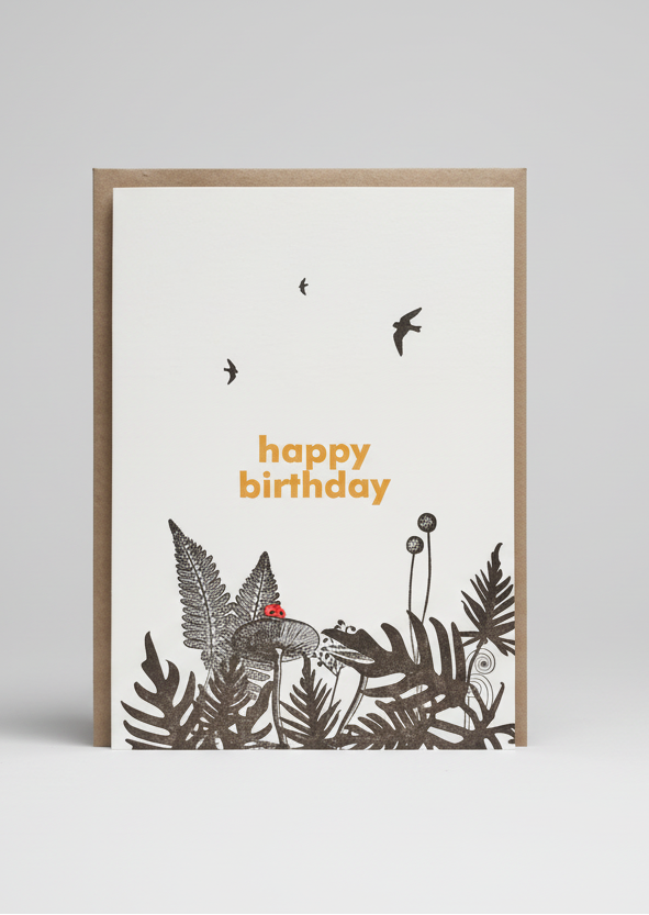 Greeting card with nature-themed design and 'happy birthday' text on a white background