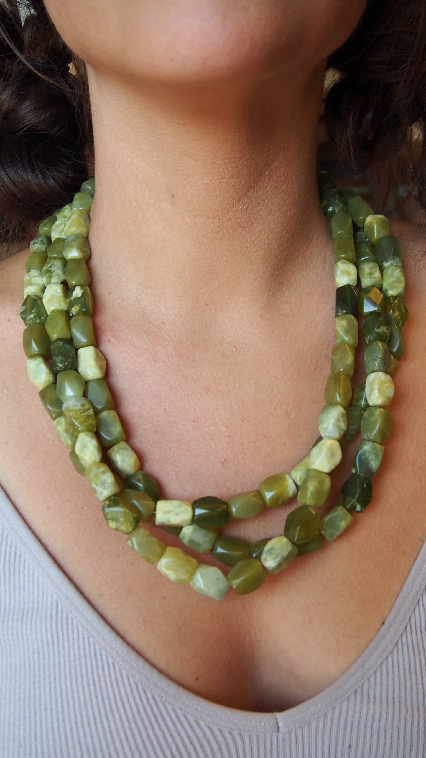 Multiple Strand Olive Jade Necklace