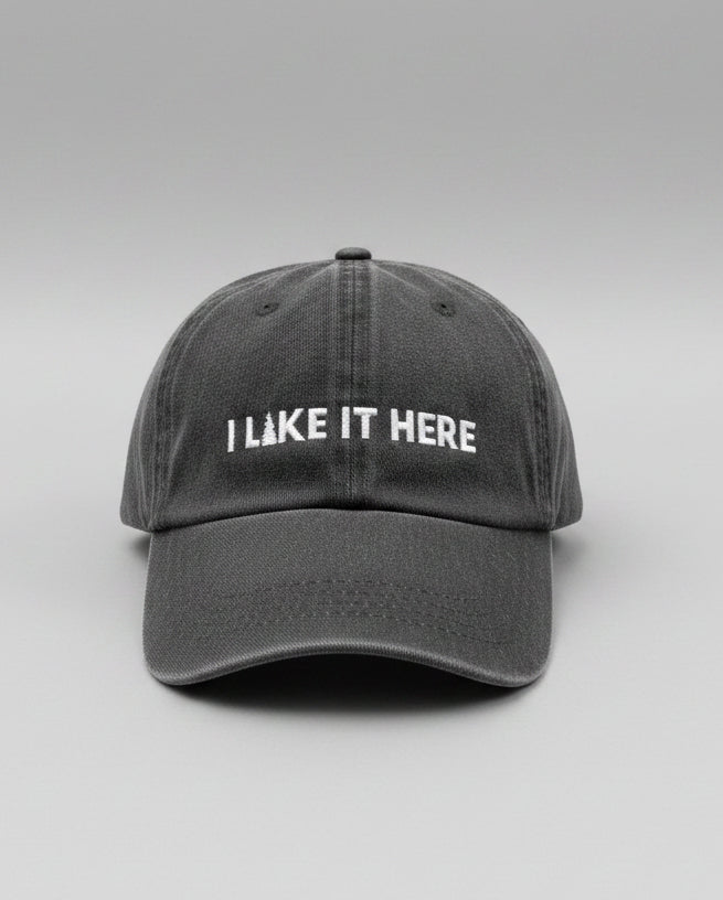 Gray cap with 'I LIKE IT HERE' text on a light gray surface with wooden panel background