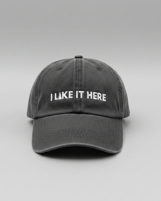 Gray cap with 'I LIKE IT HERE' text on a light gray surface with wooden panel background
