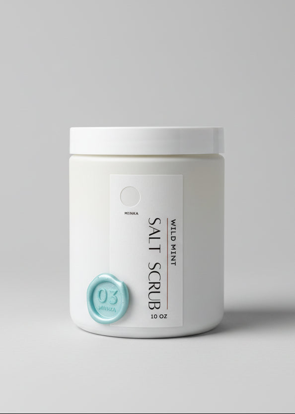 White container of wild mint salt scrub on a wooden surface