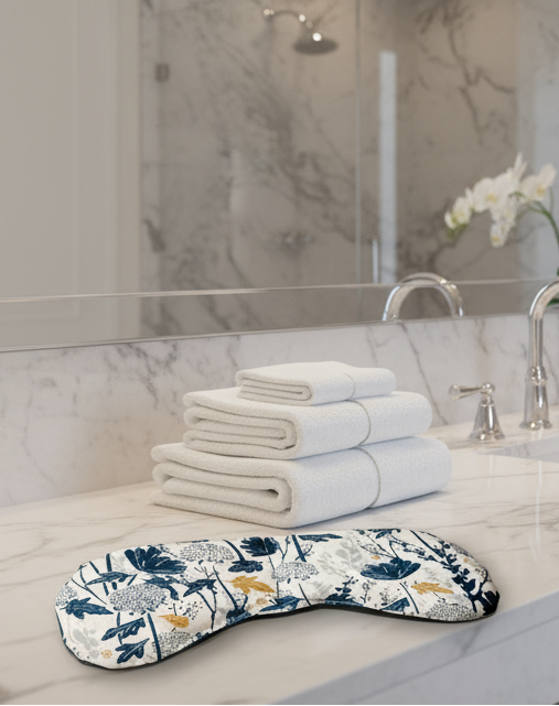 Stack of folded towels on a bathroom counter with a floral-patterned mat in front.