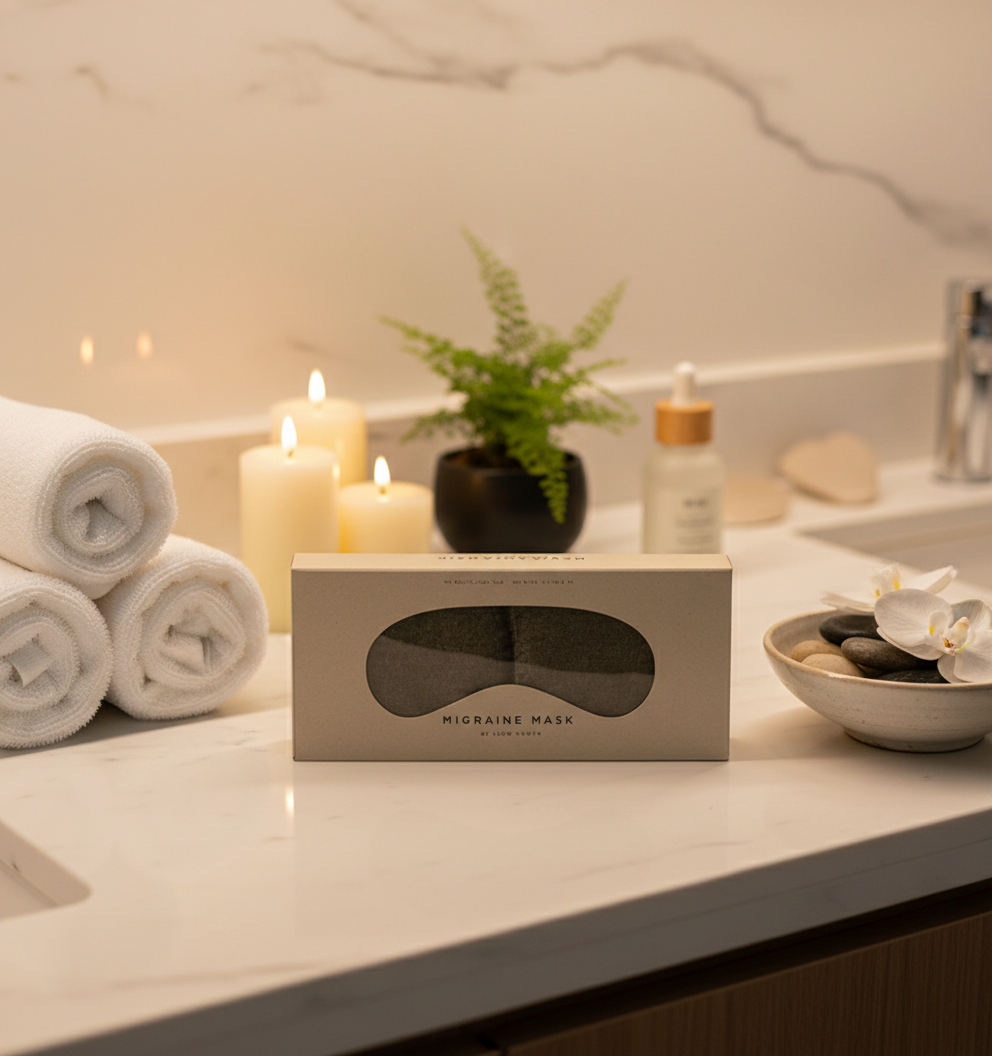 Migraine mask packaging on a textured beige background