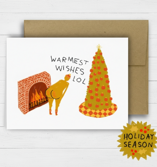 Holiday card with illustration of a person by a fireplace and a Christmas tree, with 'Warmest Wishes LOL' text, on a checkered background.