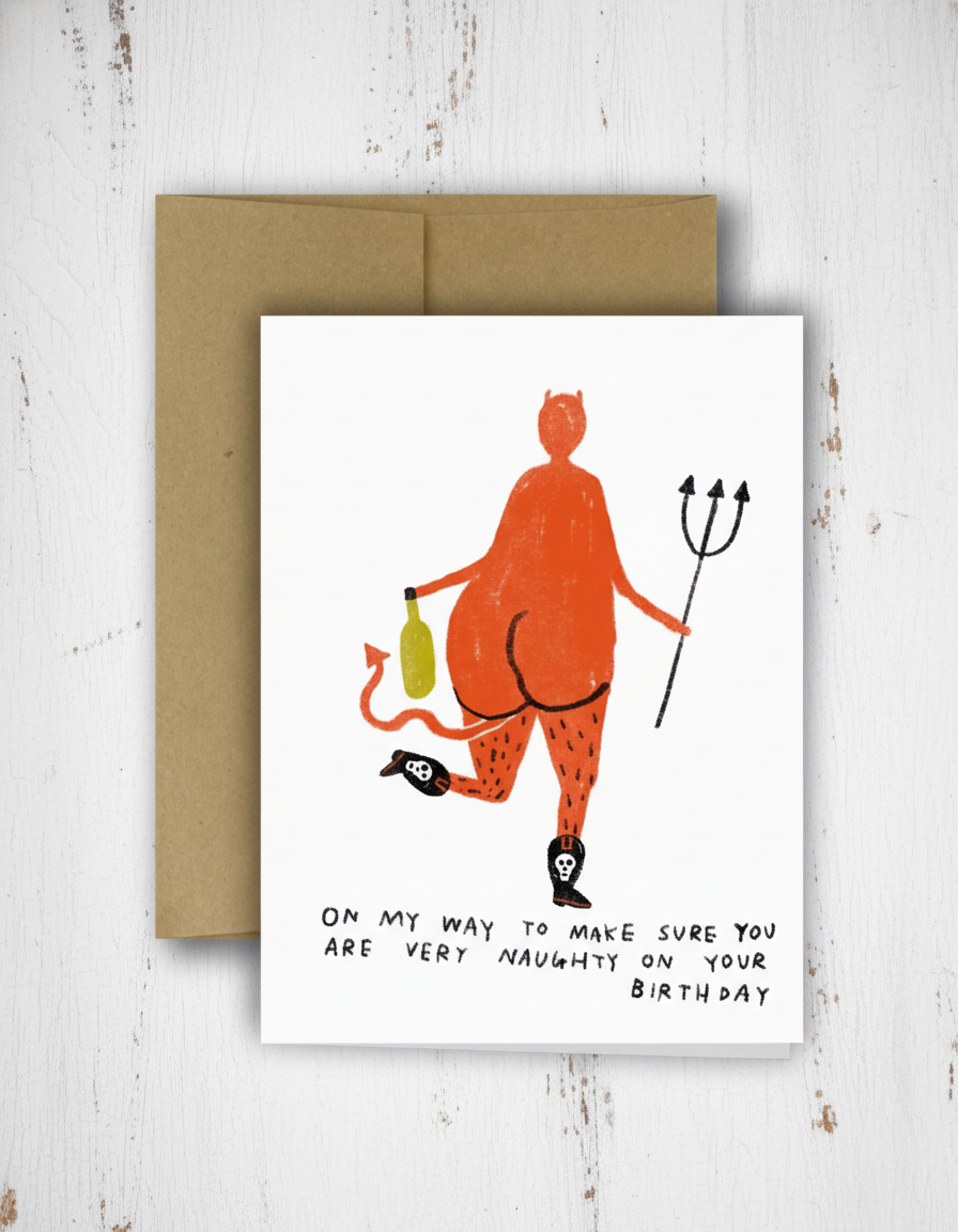 Greeting card with a devil illustration and humorous text on a checkered background