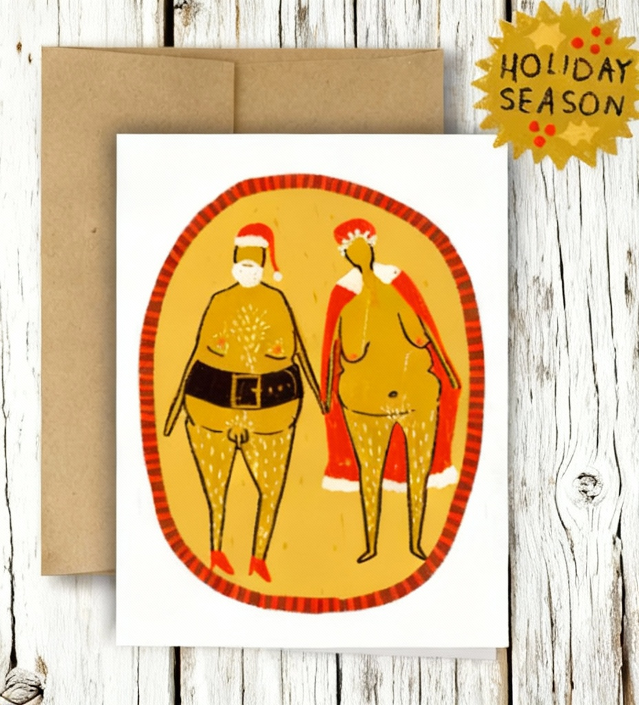 Holiday-themed greeting card with two illustrated figures on a beige background