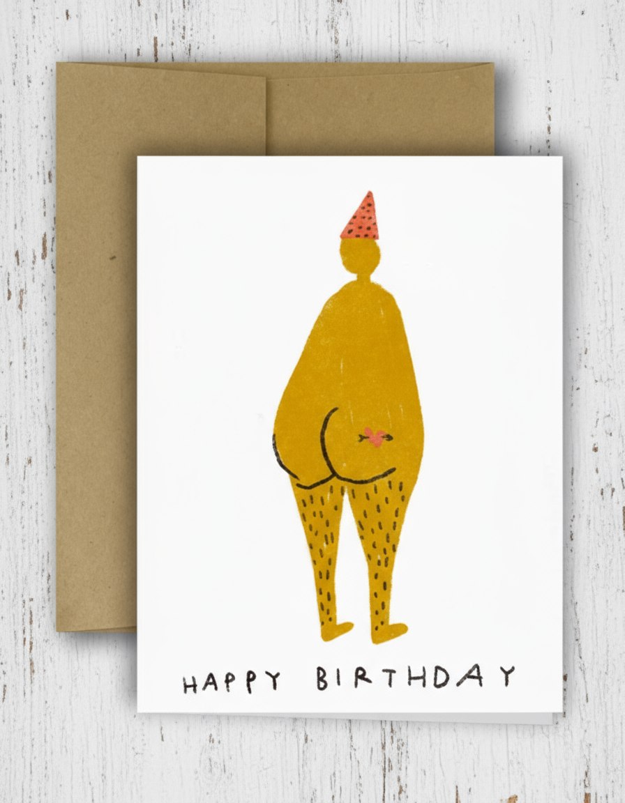 Birthday card with a stylized illustration of a person wearing a party hat on a checkered background.