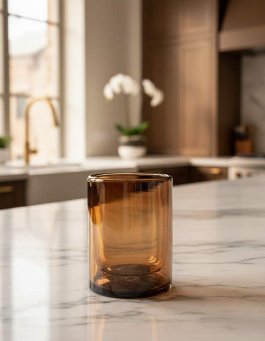 Clear glass with brown tint on a wooden surface