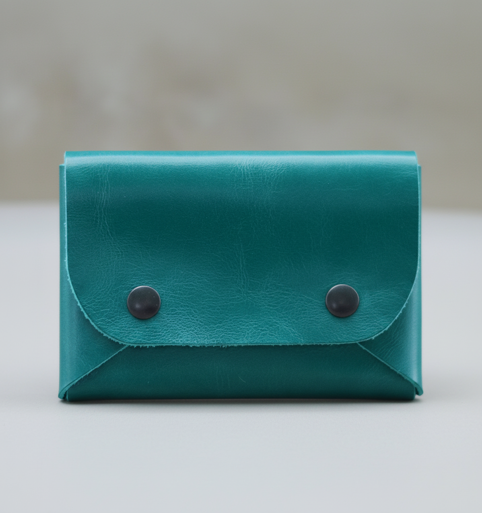 Teal leather wallet with two buttons on a wooden surface with stones