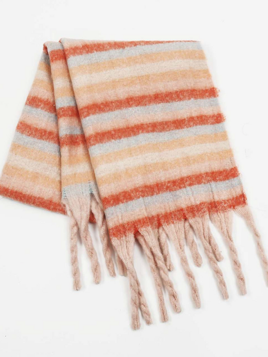 Pink Striped Fringe Shawl Knit Scarf