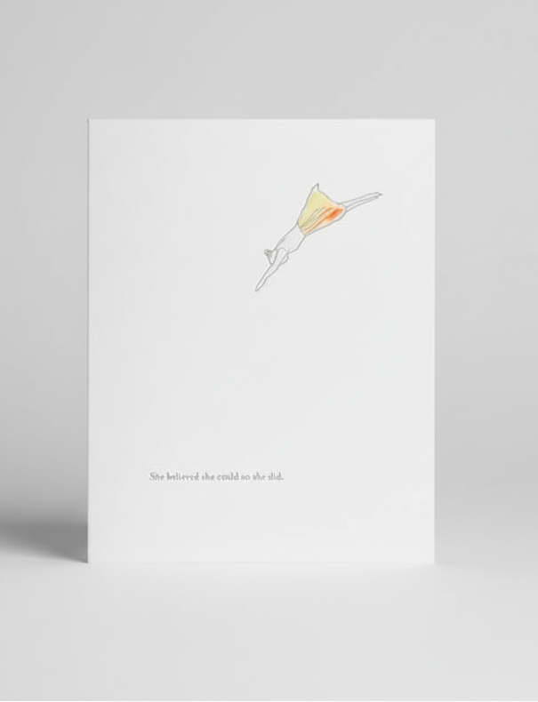 Greeting card with a drawing of a person on a balance beam and text 'She believed she could so she did' held by a hand.