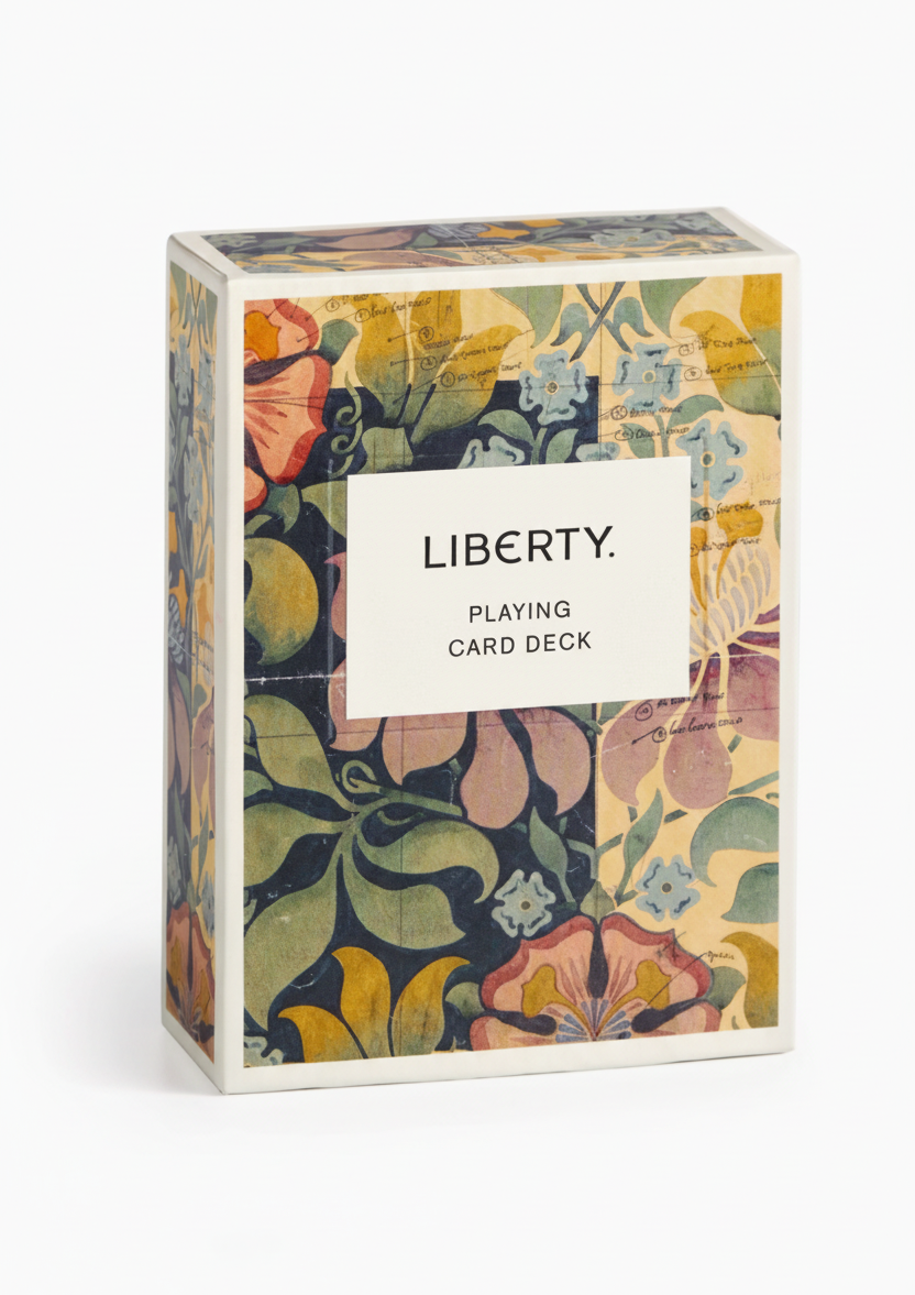 Floral-patterned playing card deck box with 'Liberty' branding 
