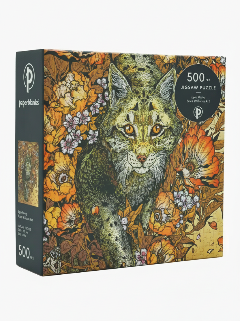 Jigsaw puzzle box with a lynx and floral design, featuring the brand 'paperblanks'.