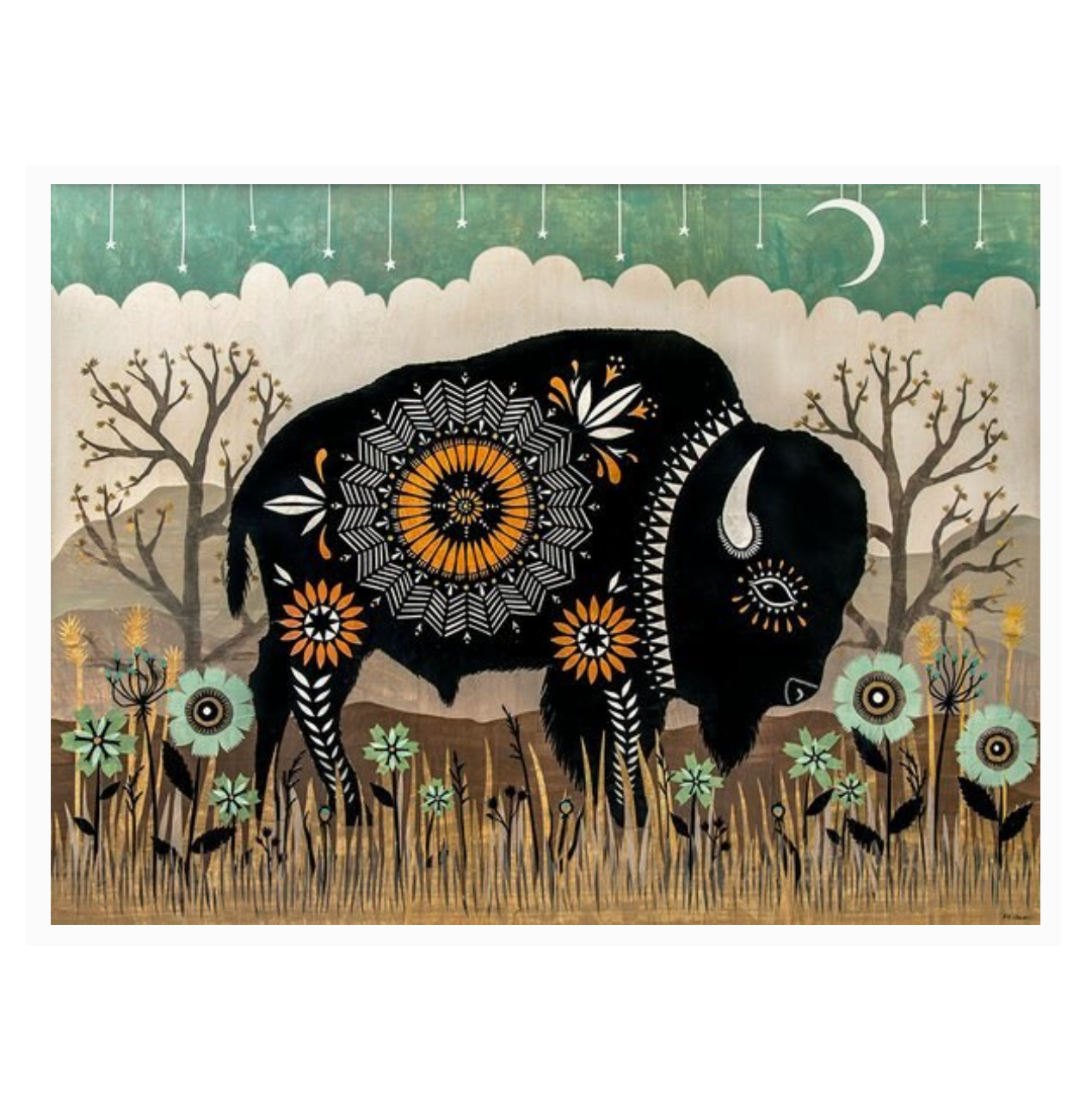 Decorative rug with a black buffalo design in a natural setting with trees and flowers.