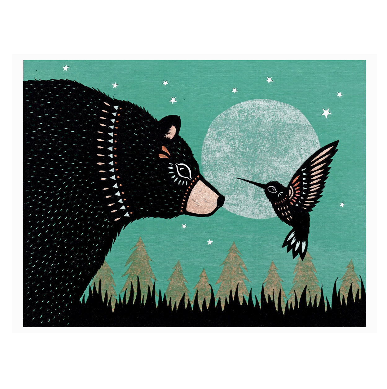 Illustration of a bear and a hummingbird against a night sky with a full moon and stars.