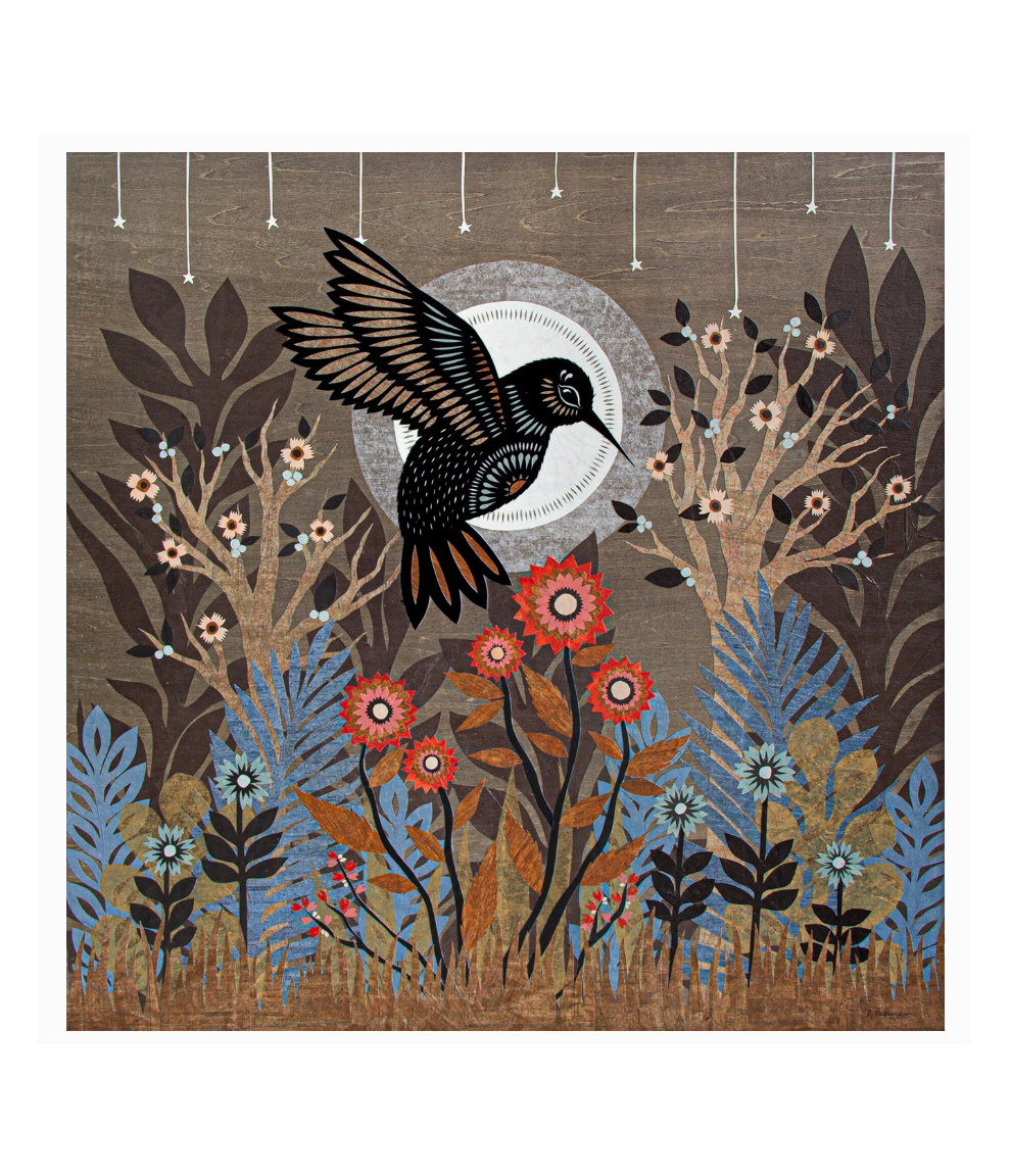 Decorative wall art with a bird and floral elements on a brown background