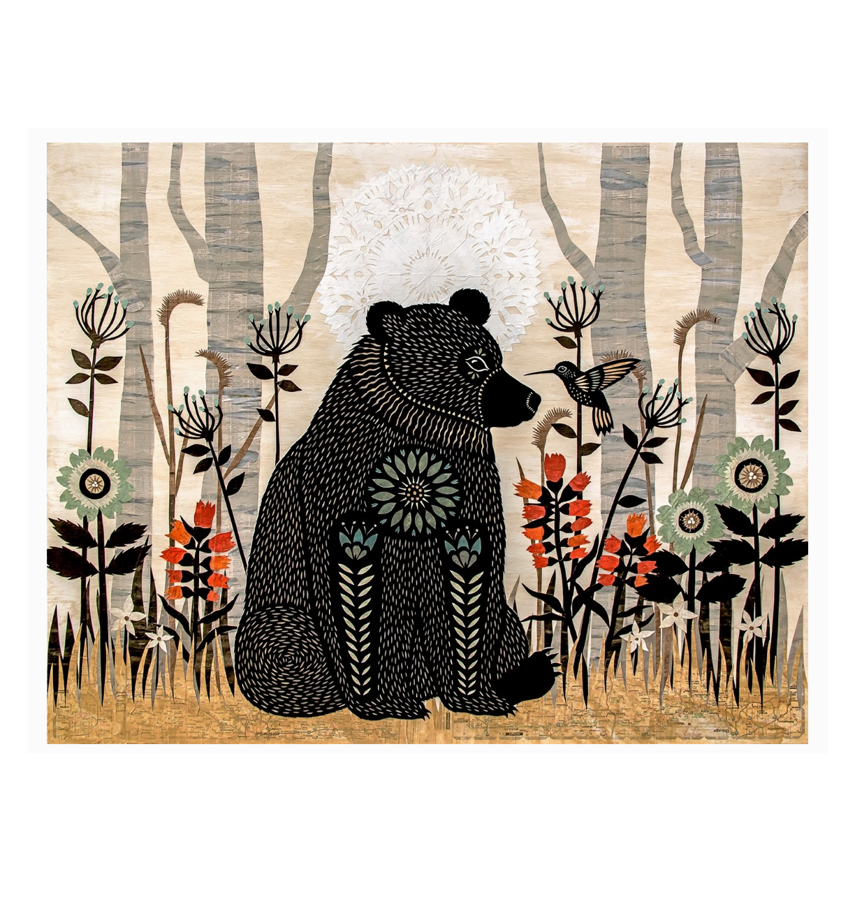 Illustration of a bear in a forest with flowers and trees